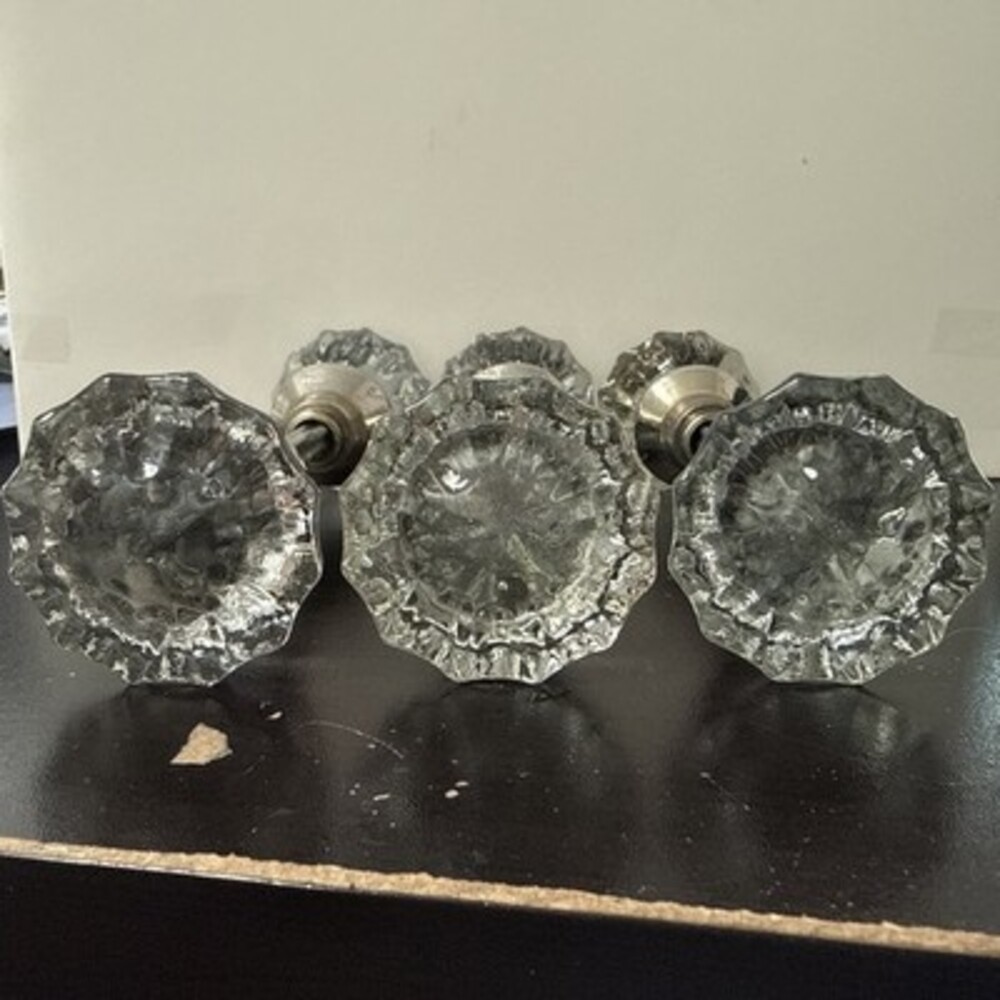Vintage Clear Glass Door Knob Set Of 3 w/ Nickel Plated Brass Hardware Salvage - Picture 7 of 10